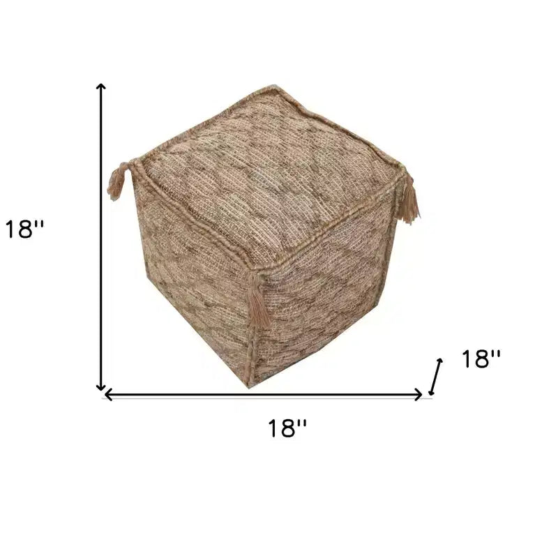 18" Brown Jute Cube Trellis Pouf Ottoman, Boho Accent Footrest