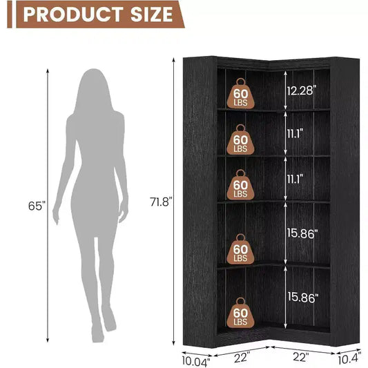 Étagère d'angle 71,8'' à 5 niveaux en bois style rustique avec kit anti-basculement, Organisateur de rangement