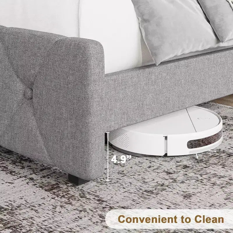Full Size Bed Frame, Upholstered Platform with Adjustable Headboard, Linen Fabric Wrap, USB Ports, No Box Spring Needed, Easy Assembly, Light Gray