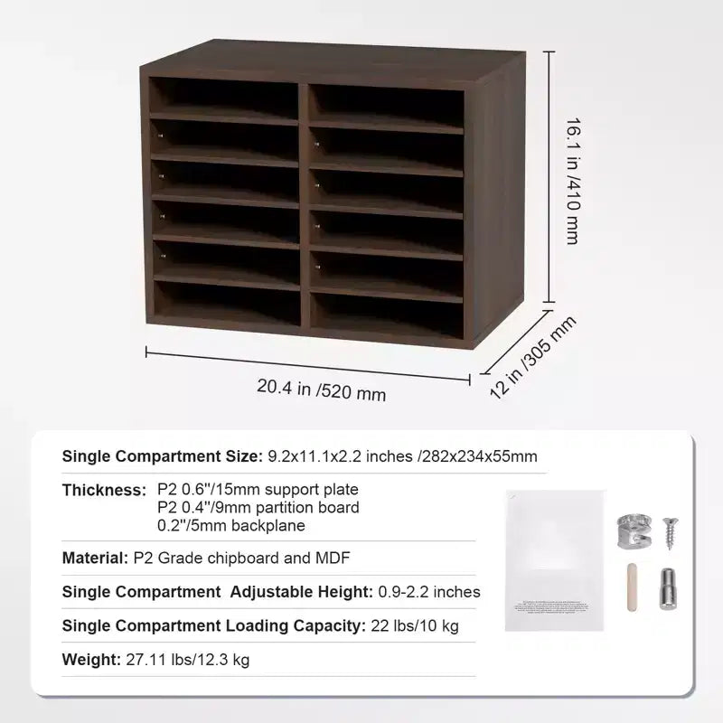 12-Compartment Wood Literature Organizer with Adjustable Shelves, EPA Certified