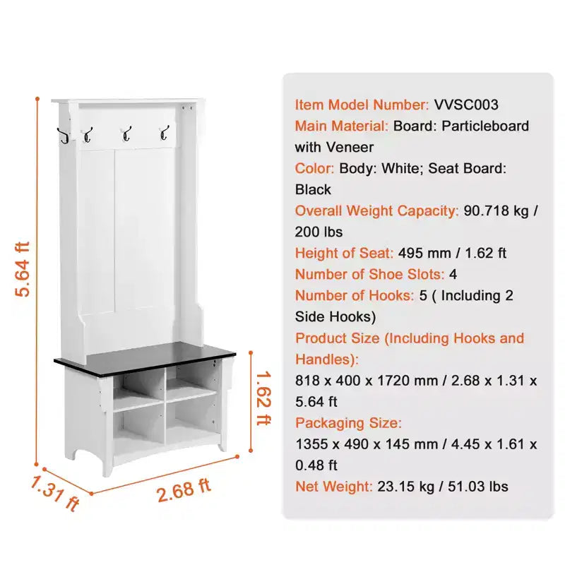 Hall Tree Entryway Bench with Shoe Storage, 32" Wide, 5 Hooks & Adjustable Shelves