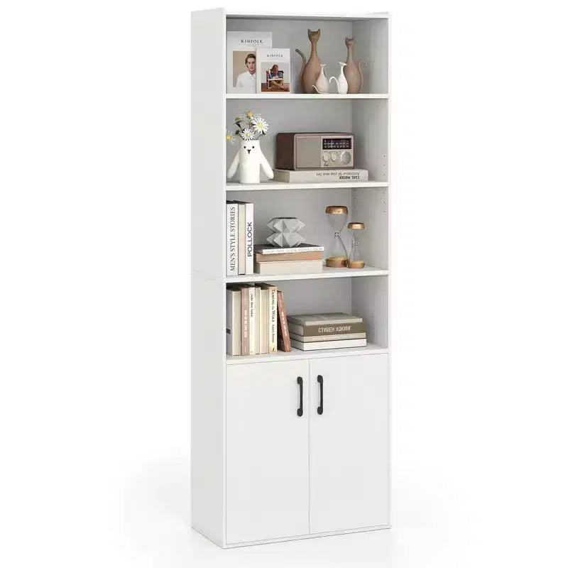 70" Bookcase with Adjustable Shelves & 2-Door Cabinet, Multipurpose Display Rack