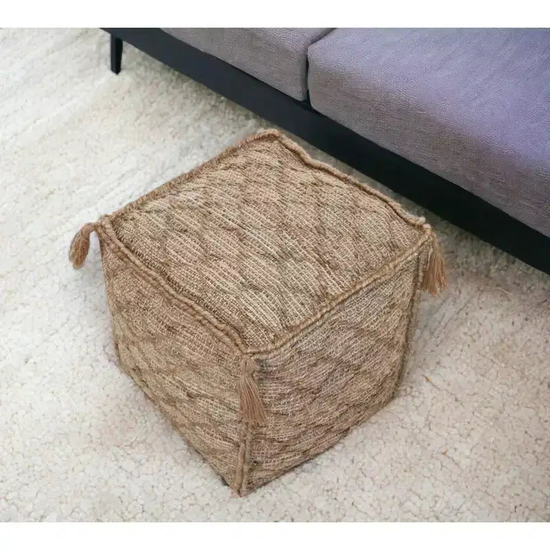 18" Brown Jute Cube Trellis Pouf Ottoman, Boho Accent Footrest