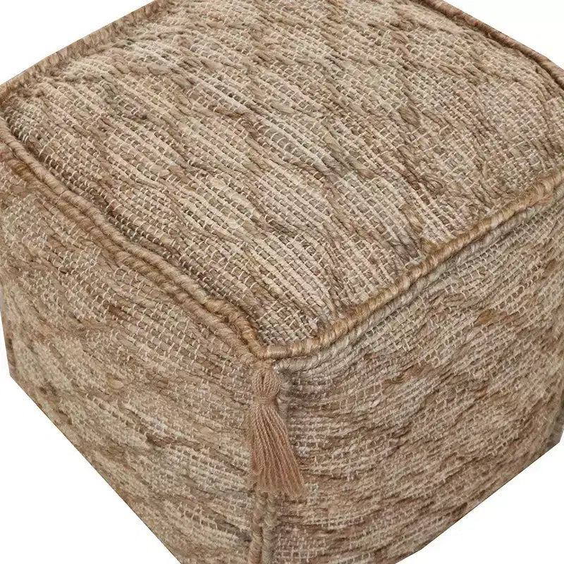 18" Brown Jute Cube Trellis Pouf Ottoman, Boho Accent Footrest