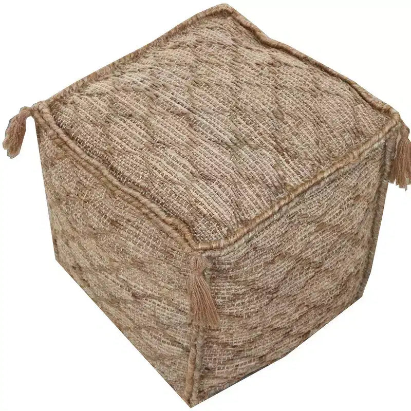 18" Brown Jute Cube Trellis Pouf Ottoman, Boho Accent Footrest