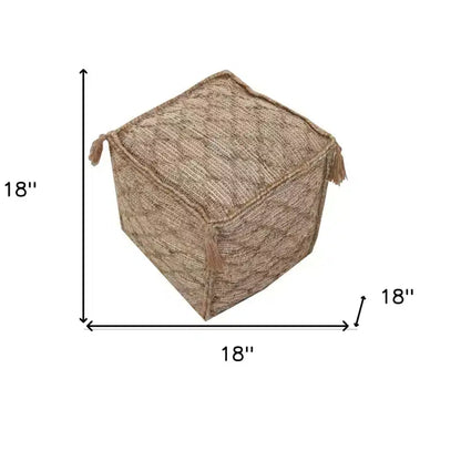 18" Brown Jute Cube Trellis Pouf Ottoman, Boho Accent Footrest