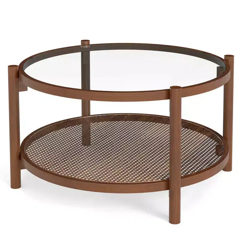 Costway Wooden 31 Round Coffee Table with Tempered Glass Top Handmade Rattan Shelf
