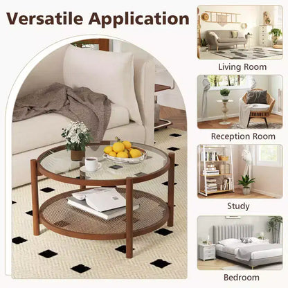 31" Round Coffee Table with Tempered Glass Top & Handmade Rattan Lower Shelf