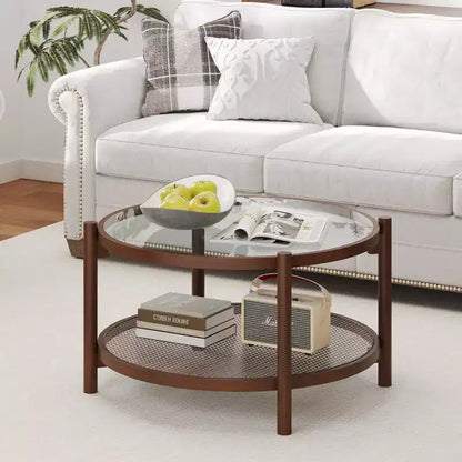 31" Round Coffee Table with Tempered Glass Top & Handmade Rattan Lower Shelf