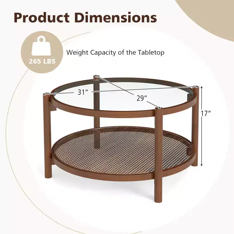 31" Round Coffee Table with Tempered Glass Top & Handmade Rattan Lower Shelf