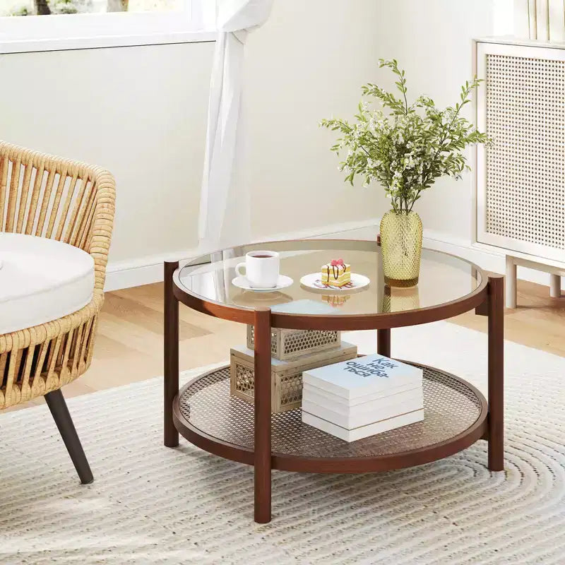 31" Round Coffee Table with Tempered Glass Top & Handmade Rattan Lower Shelf