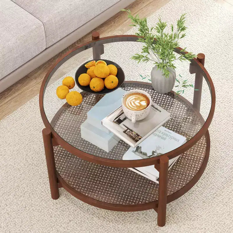 31" Round Coffee Table with Tempered Glass Top & Handmade Rattan Lower Shelf