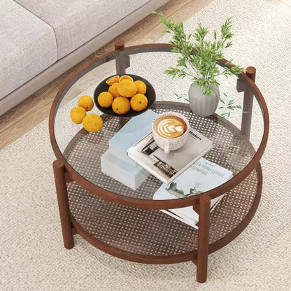 31" Round Coffee Table with Tempered Glass Top & Handmade Rattan Lower Shelf