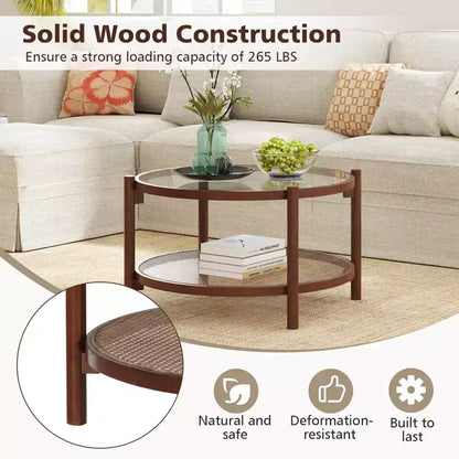 31" Round Coffee Table with Tempered Glass Top & Handmade Rattan Lower Shelf