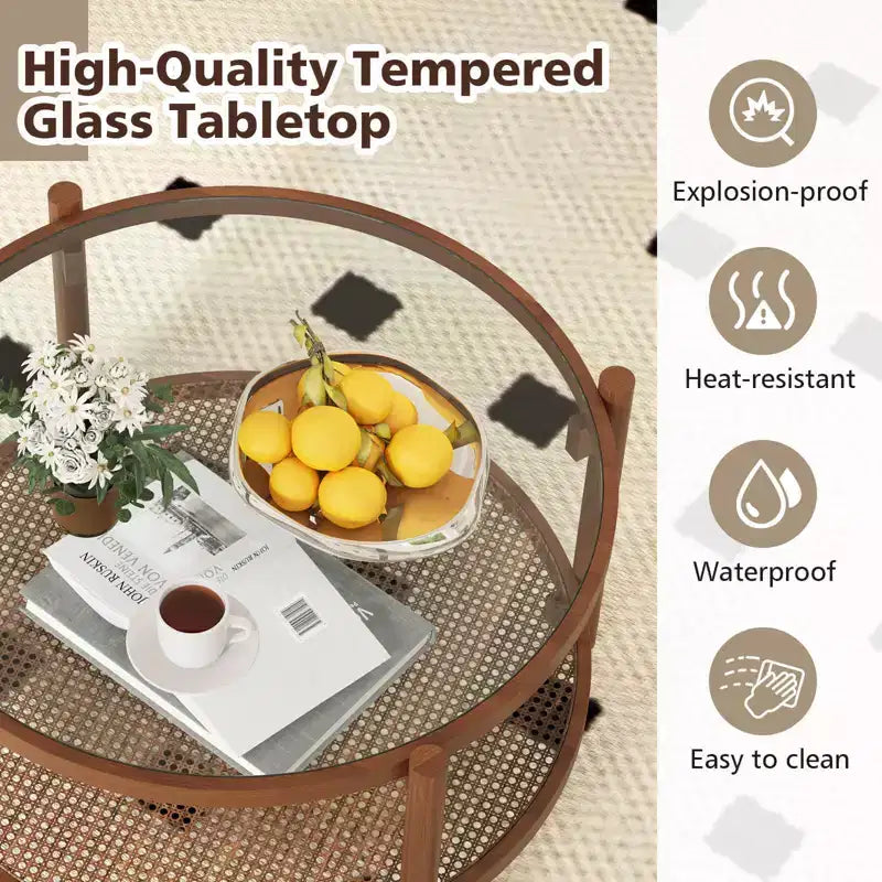 31" Round Coffee Table with Tempered Glass Top & Handmade Rattan Lower Shelf