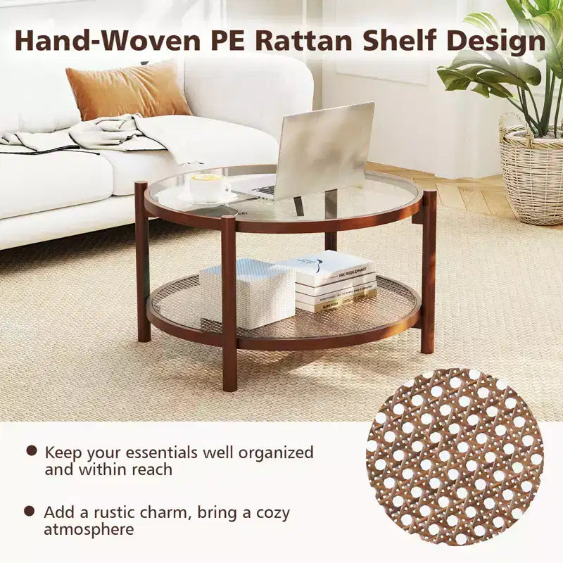 31" Round Coffee Table with Tempered Glass Top & Handmade Rattan Lower Shelf