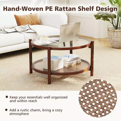 31" Round Coffee Table with Tempered Glass Top & Handmade Rattan Lower Shelf