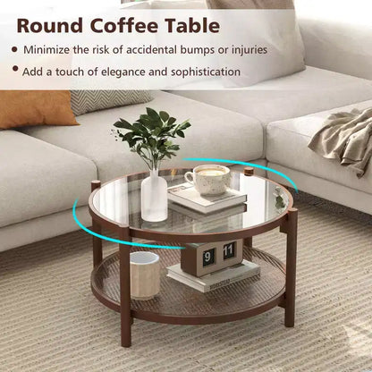 31" Round Coffee Table with Tempered Glass Top & Handmade Rattan Lower Shelf