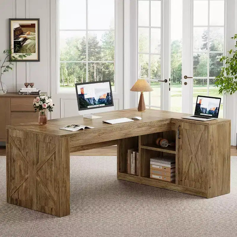 70.87" L-Shaped Executive Office Desk with File Cabinet for Home Office