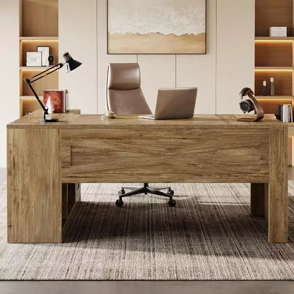 70.87" L-Shaped Executive Office Desk with File Cabinet for Home Office