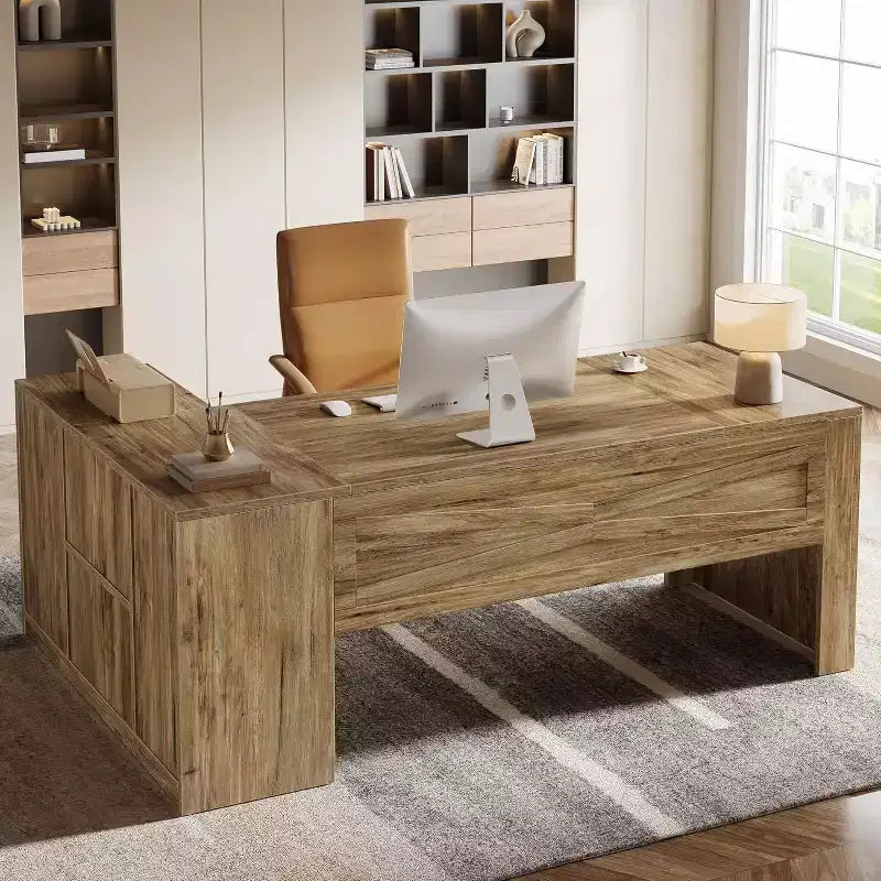 70.87" L-Shaped Executive Office Desk with File Cabinet for Home Office