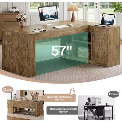 70.87" L-Shaped Executive Office Desk with File Cabinet for Home Office