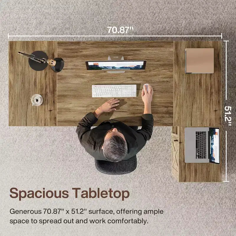 70.87" L-Shaped Executive Office Desk with File Cabinet for Home Office