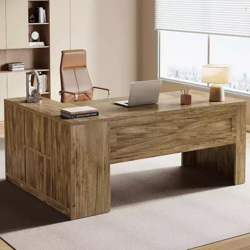 70.87" L-Shaped Executive Office Desk with File Cabinet for Home Office
