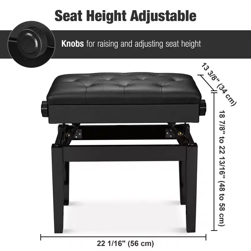 Adjustable Height Piano Bench with PU Leather Padded Seat & Storage, Black