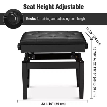 Adjustable Height Piano Bench with PU Leather Padded Seat & Storage, Black