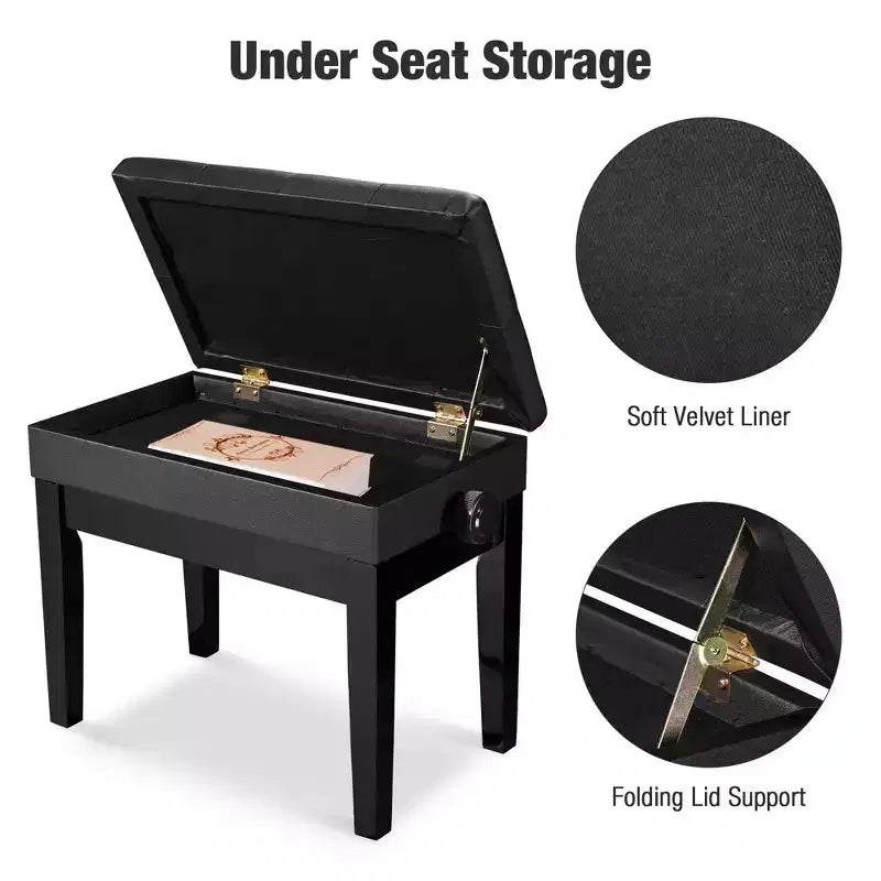 Adjustable Height Piano Bench with PU Leather Padded Seat & Storage, Black
