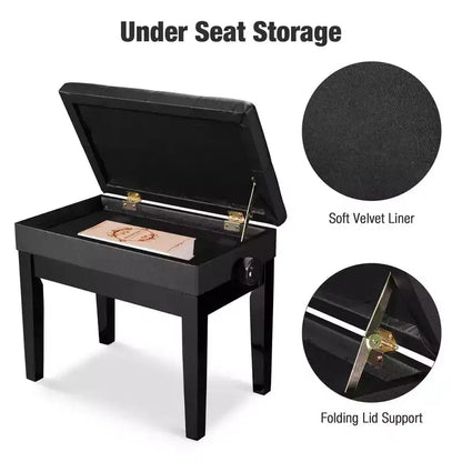 Adjustable Height Piano Bench with PU Leather Padded Seat & Storage, Black