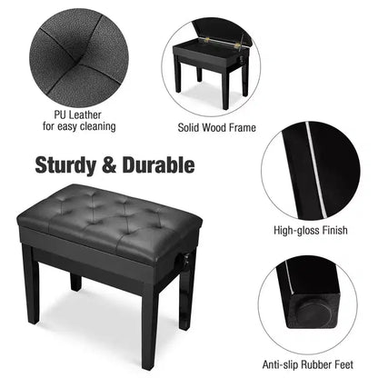 Adjustable Height Piano Bench with PU Leather Padded Seat & Storage, Black