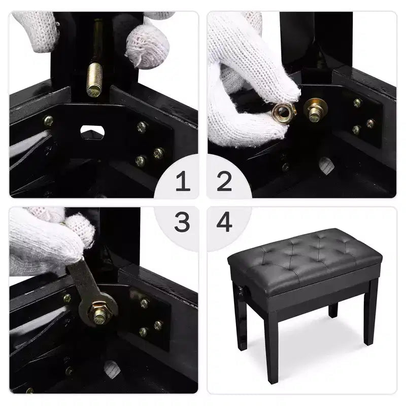 Adjustable Height Piano Bench with PU Leather Padded Seat & Storage, Black