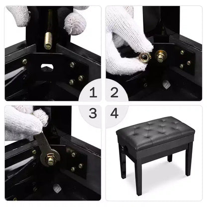 Adjustable Height Piano Bench with PU Leather Padded Seat & Storage, Black