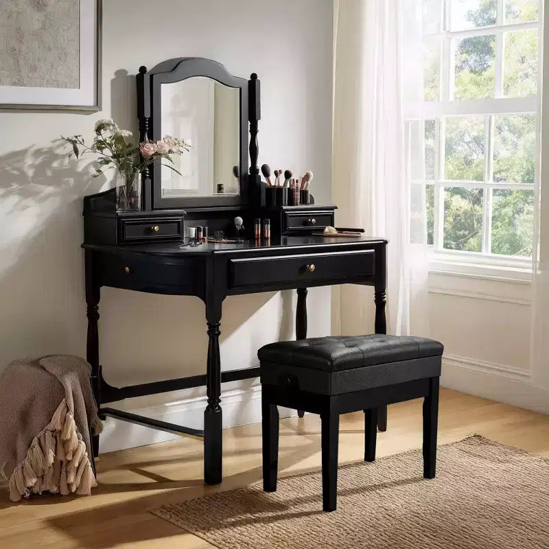 Adjustable Height Piano Bench with PU Leather Padded Seat & Storage, Black