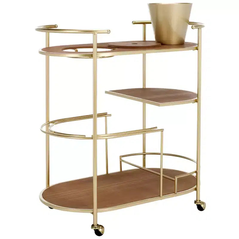 2-Tier Bar Cart with Ice Bucket, Brushed Gold & Natural Wood, Home Entertaining