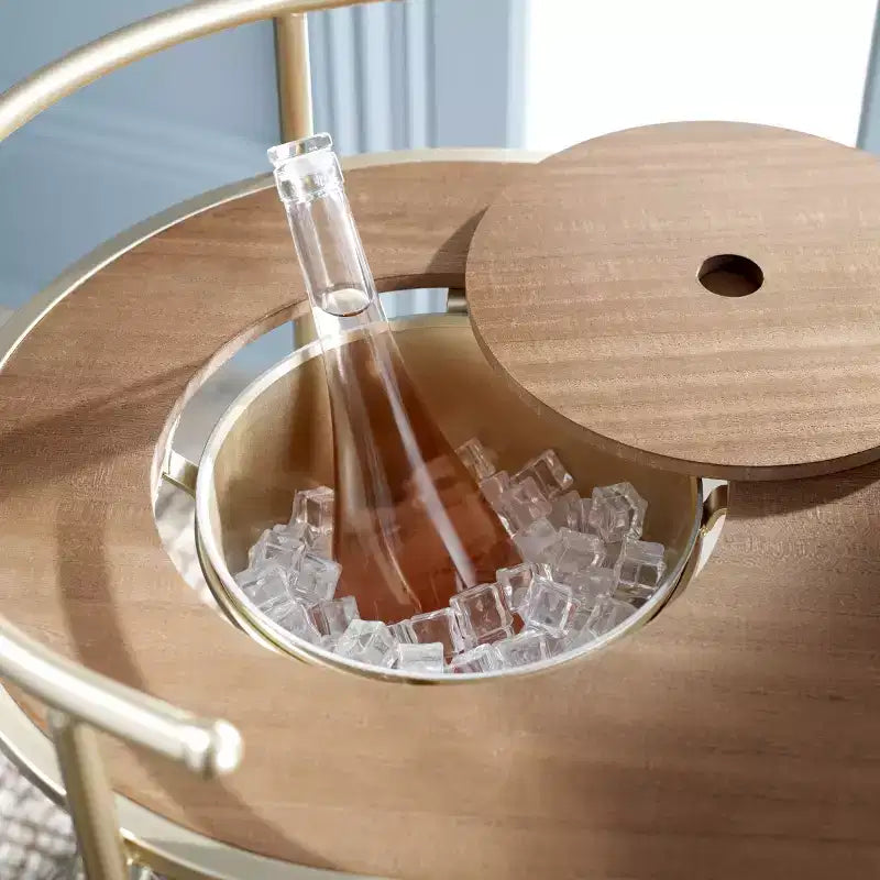2-Tier Bar Cart with Ice Bucket, Brushed Gold & Natural Wood, Home Entertaining