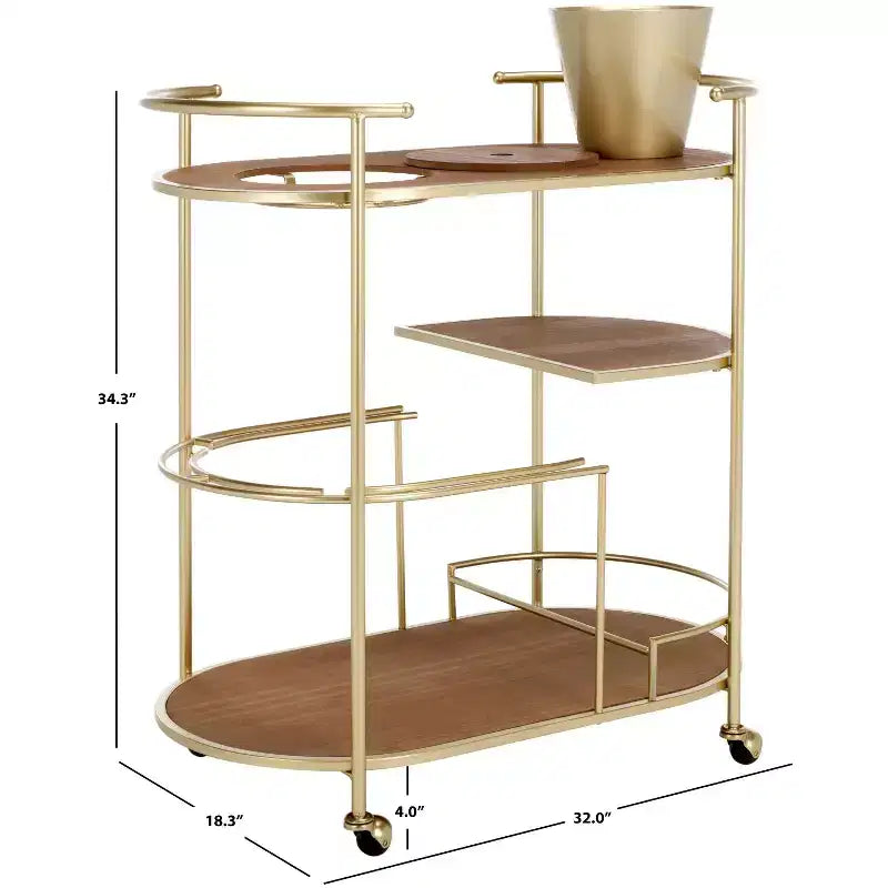 2-Tier Bar Cart with Ice Bucket, Brushed Gold & Natural Wood, Home Entertaining