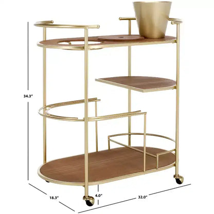 2-Tier Bar Cart with Ice Bucket, Brushed Gold & Natural Wood, Home Entertaining