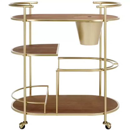 2-Tier Bar Cart with Ice Bucket, Brushed Gold & Natural Wood, Home Entertaining