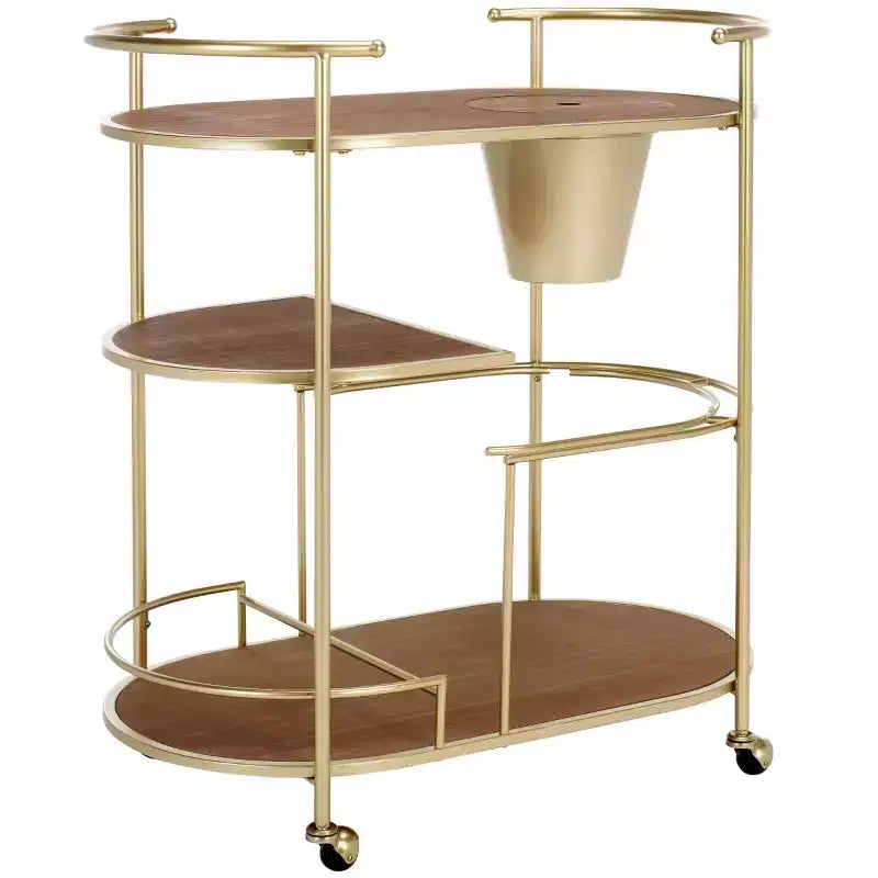 2-Tier Bar Cart with Ice Bucket, Brushed Gold & Natural Wood, Home Entertaining