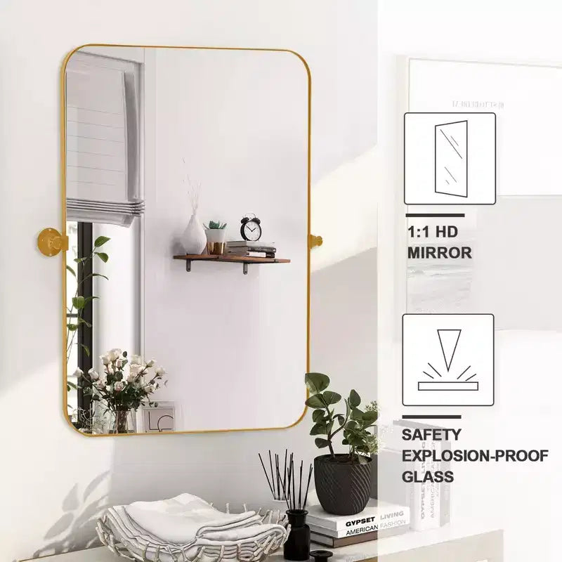 Iron Round Corner Rectangular Gold Metal Hanging Mirror 91x61x4cm
