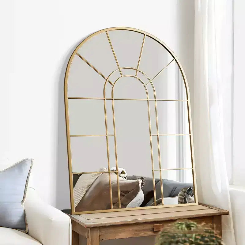 Iron Art Right Angle Double Arch Golden Grid Wall Mirror 105*70*2cm