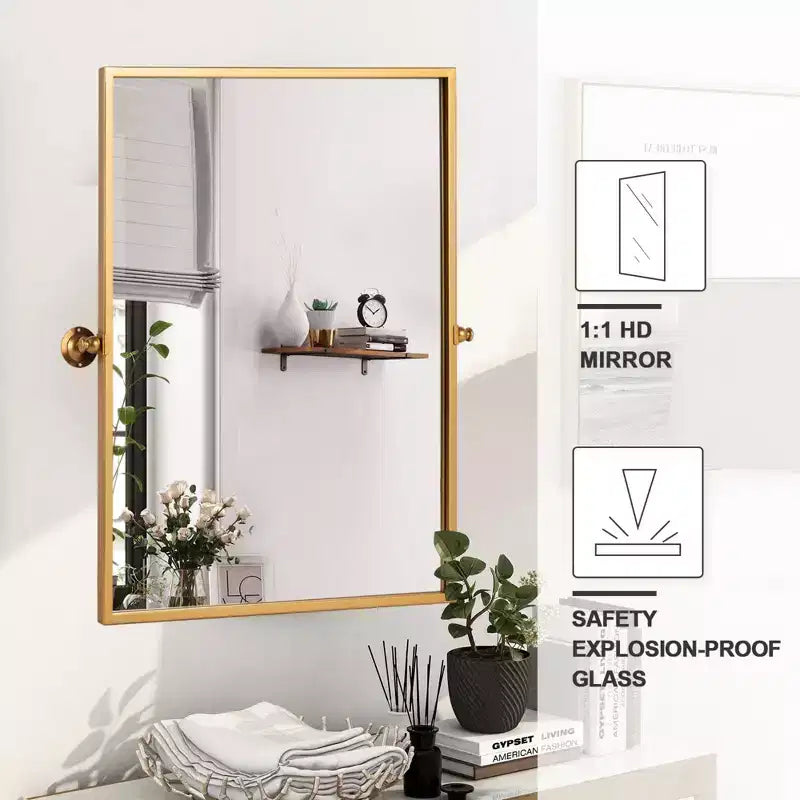 Iron Right Angled Rectangular Rotating Hardware Hanging Mirror in Gold 96x66x2.5cm