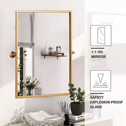 Iron Right Angled Rectangular Rotating Hardware Hanging Mirror in Gold 96x66x2.5cm