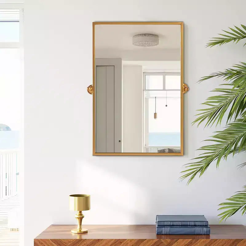 Iron Right Angled Rectangular Rotating Hardware Hanging Mirror in Gold 96x66x2.5cm