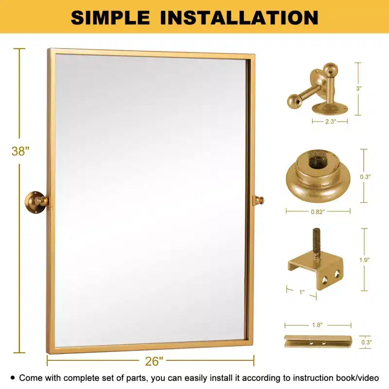 Iron Right Angled Rectangular Rotating Hardware Hanging Mirror in Gold 96x66x2.5cm
