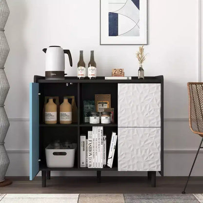 Black Sideboard with Red Doors - 2 Drawers, 2 Open Compartments, Modern Accent Cabinet