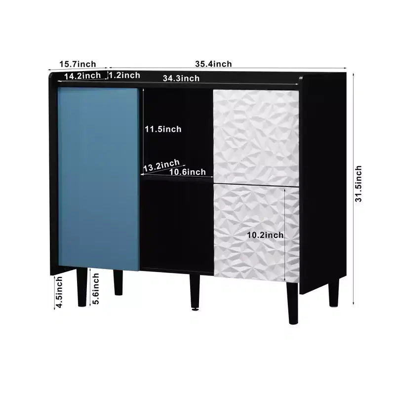 Black Sideboard with Red Doors - 2 Drawers, 2 Open Compartments, Modern Accent Cabinet